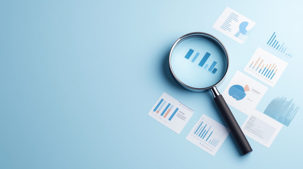Various charts with a magnifying glass.